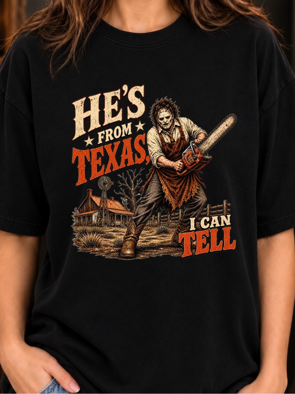 Gildan Black He's From Texas Can Tell Shirt, Halloween Slasher Tee
